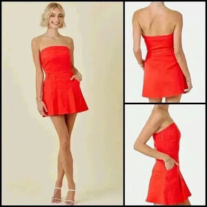 Hausen Malia Romper Dress Strapless Pleated Cranberry Red Playful Coquette L